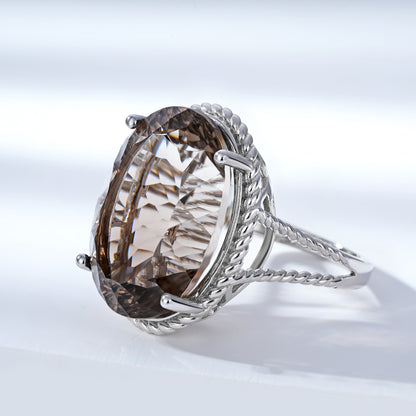 Luxury Wind Jewelry Natural Tea Crystal Ring S925 Silver Inlaid Smoky Crystal