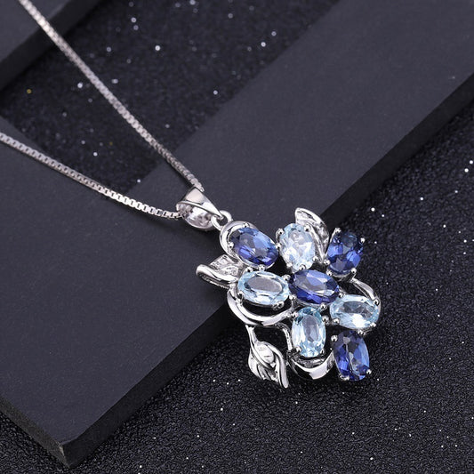 Vintage Natural Colored Gems Inlaid S925 Silver Necklace Pendant