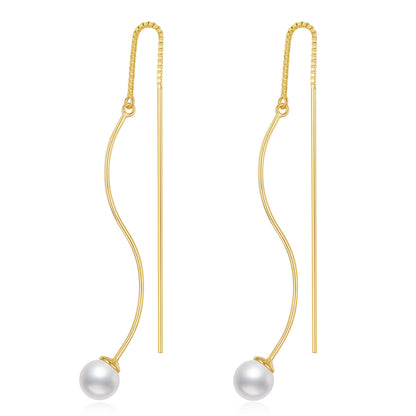 Sterling Silver Long Pearl Dangle Threader Earrings for Women