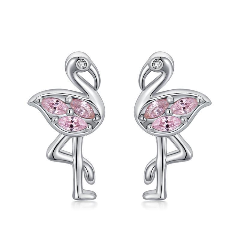 Boucles d'oreilles à tige en argent sterling plaqué or blanc avec flamant rose et zircones cubiques