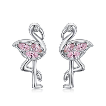 Boucles d'oreilles à tige en argent sterling plaqué or blanc avec flamant rose et zircones cubiques