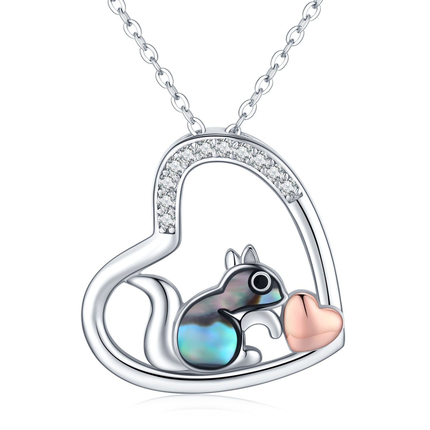 925 Sterling Silver Squirrel Abalone Shell Cubic Zirconia Cute Animal Heart Pendant Necklace