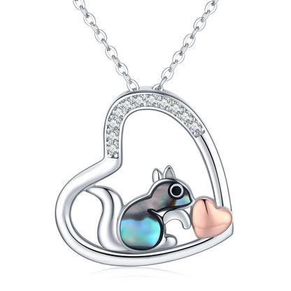 925 Sterling Silver Squirrel Abalone Shell Cubic Zirconia Cute Animal Heart Pendant Necklace