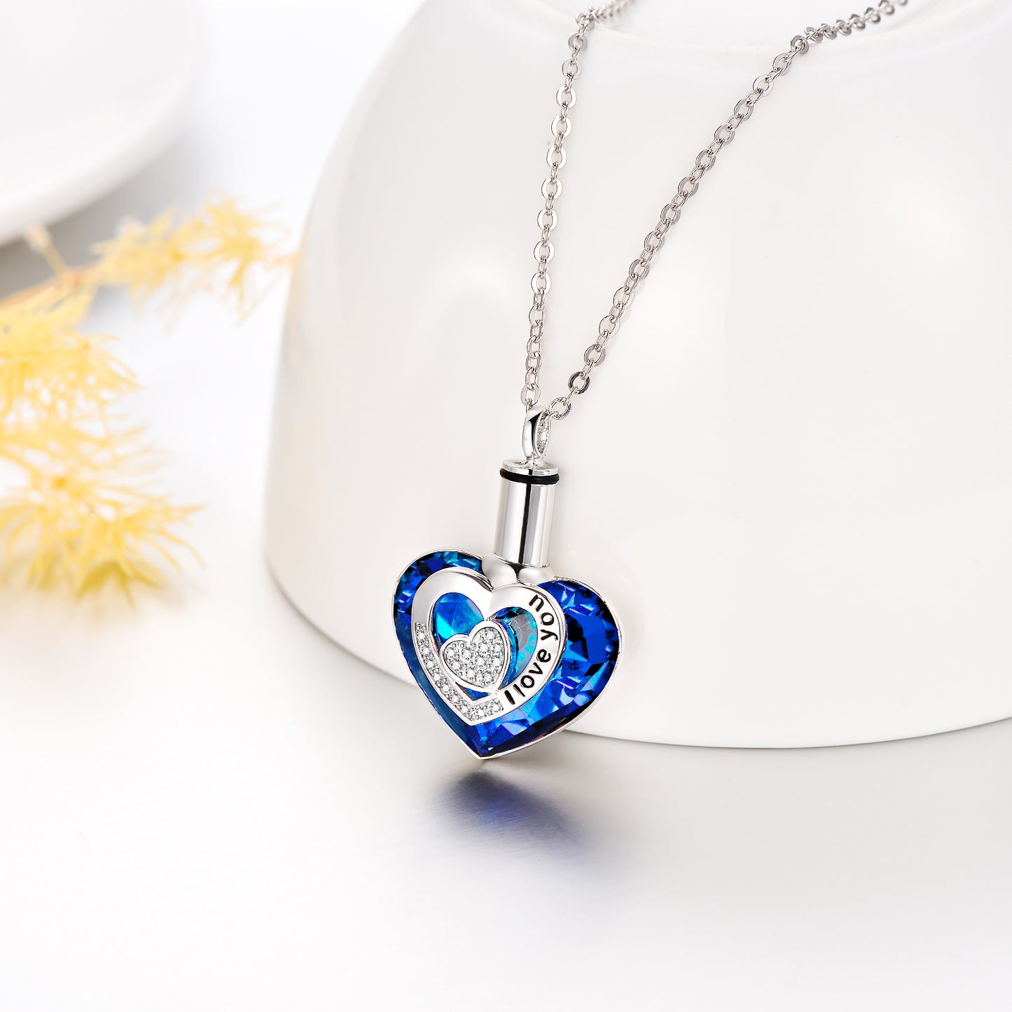 Crystal from Austria Heart Urn Cremation Keepsake Necklace in White Gold Plated Sterling Silver