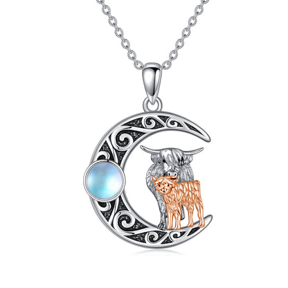 Collier en argent sterling 925 avec pierre de lune et vache Highland pour mère et enfant