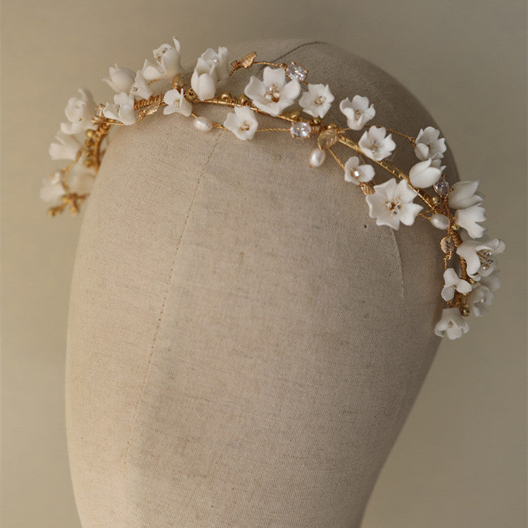 Ceramic Flower Cherry Blossom Complex Pearl Hair Hoop Bride Headdress