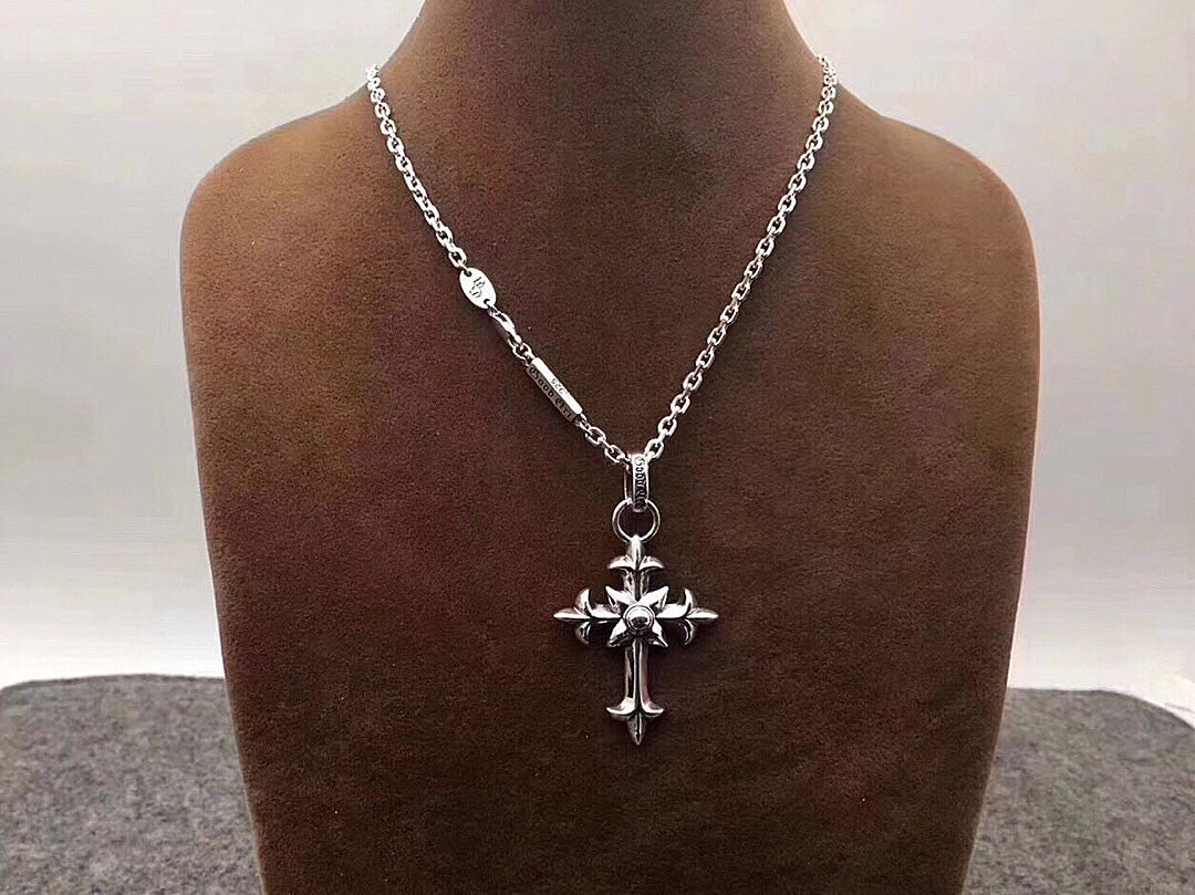 Silver Sweater Chain European And American Street Hip Hop Trendy Men's Personality Cross Pendant Thai Silver Retro Chain Set