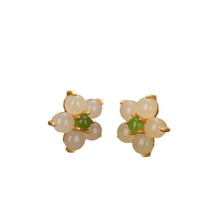 Natural Hetian Jade 925 Sterling Silver Flower Ear Studs