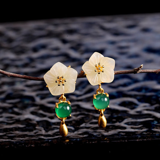 Fashion S925 Silver Plated Women's Floral Hetian Jade Ear Studs