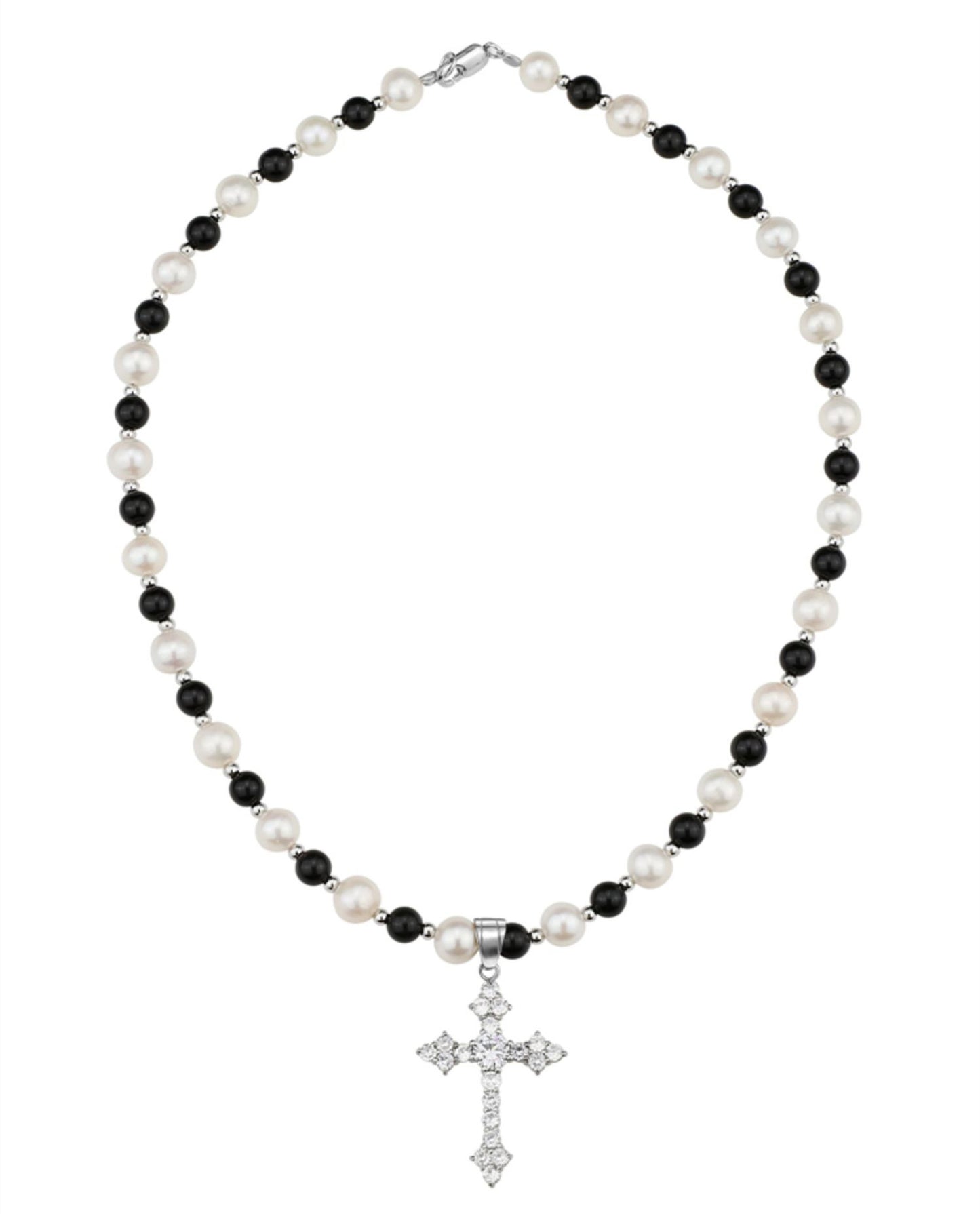 Collier en perles d'eau douce naturelles et agate noire avec pendentif en croix