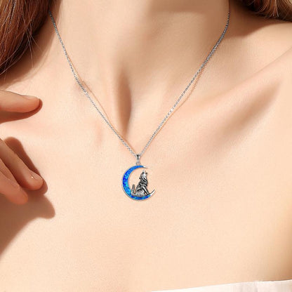 Sterling Silver Wolf Opal Moon Pendant Necklace Gifts for Women