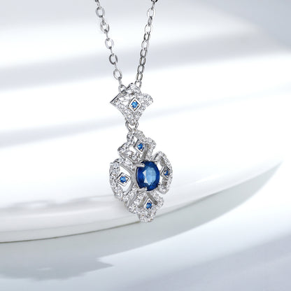 S925 Silver Retro Pattern Necklace Women's Versatile Natural Sapphire Pendant