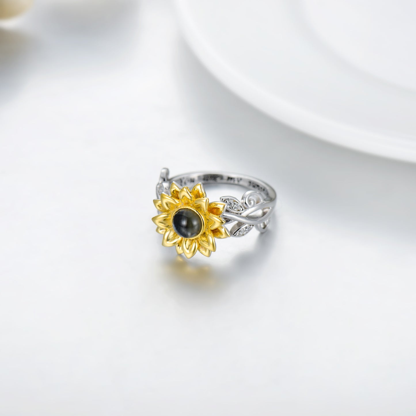 Anillo de girasol en plata de ley con Te amo en 100 idiomas Eres mi sol