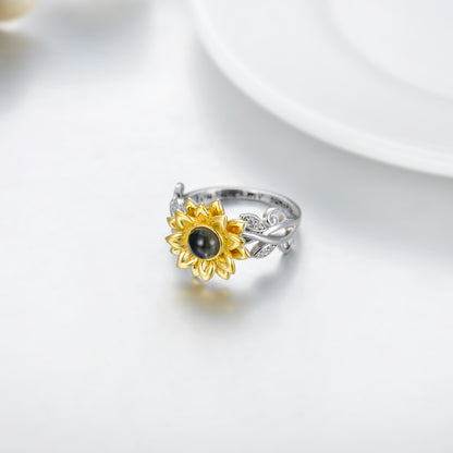 Anillo de girasol en plata de ley con Te amo en 100 idiomas Eres mi sol