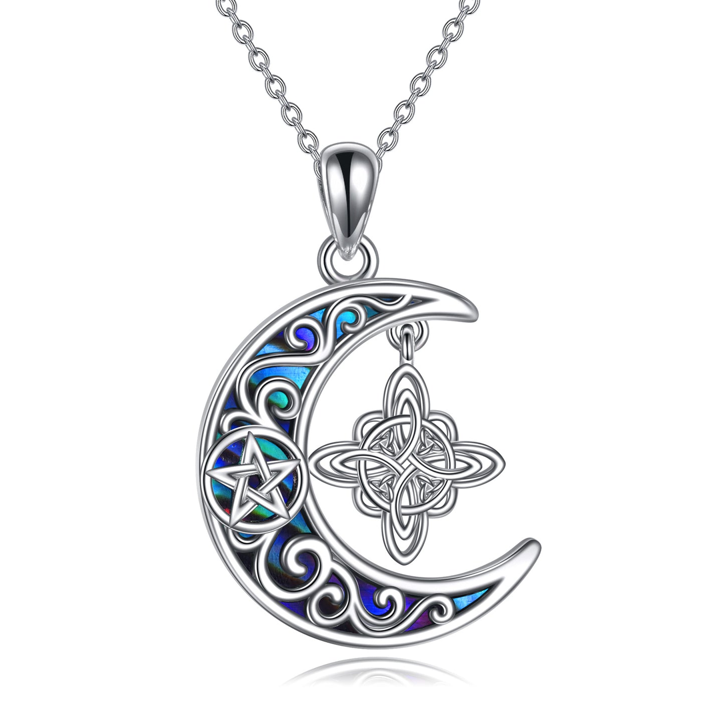 Collier avec pendentif en forme de nœud de sorcière en argent sterling, collier avec pendentif en forme de croissant celtique, coquillage d'ormeau, bijoux païens