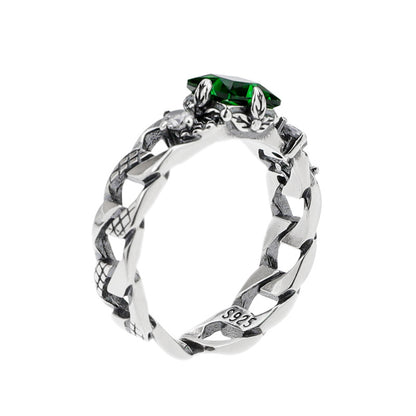 Sterling Silver Cuban Link Chain Green Stone Ring Men's Hip Hop