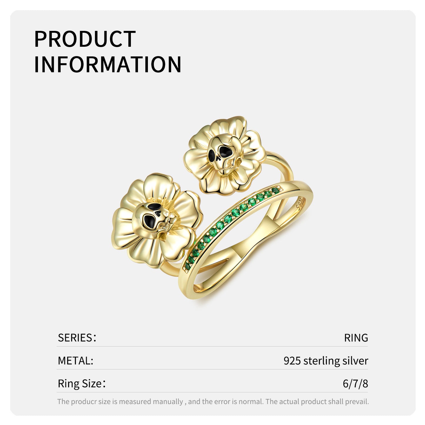 Anillo retro de calavera dorada con girasol en plata de ley S925 estilo hip hop