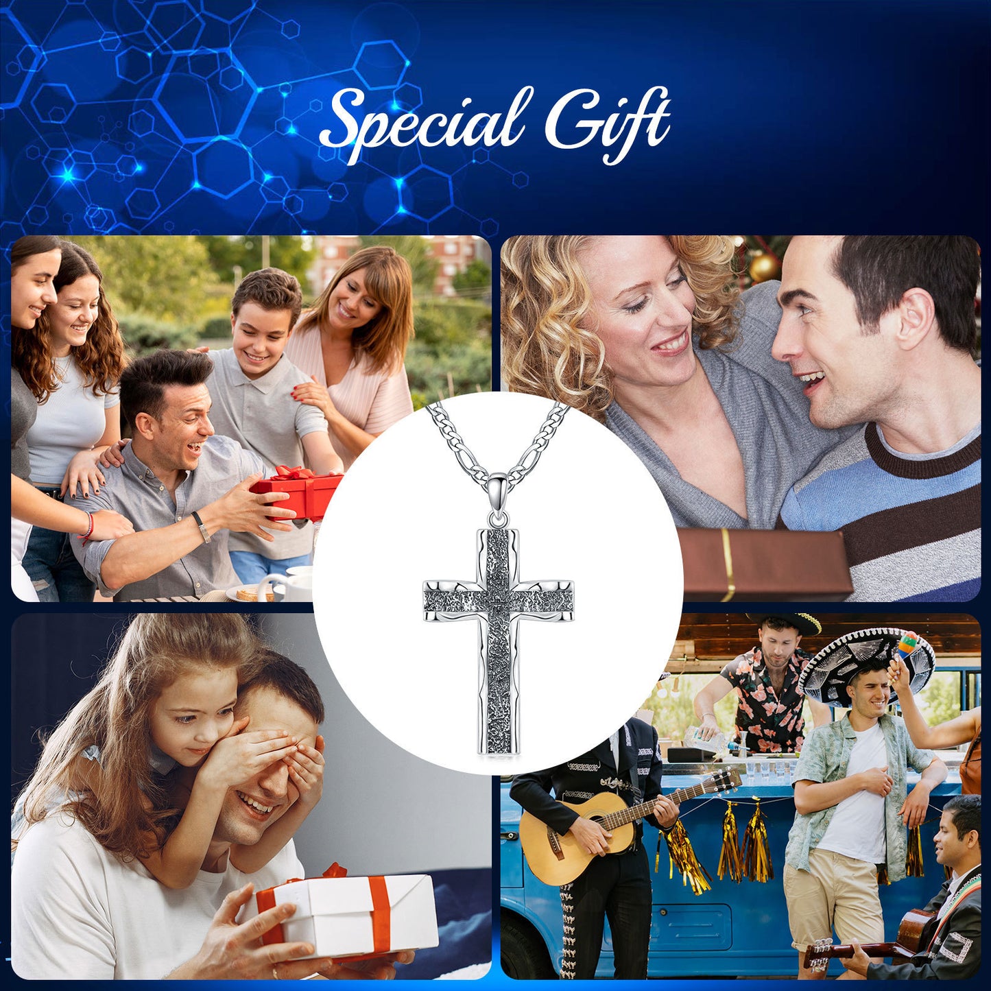 Pendentif croix en argent sterling 925 avec chaîne Figaro en acier inoxydable Collier croix oxydée Bijoux chrétiens