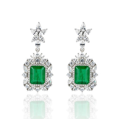 Silver Emerald Rectangle Earrings Necklace Set