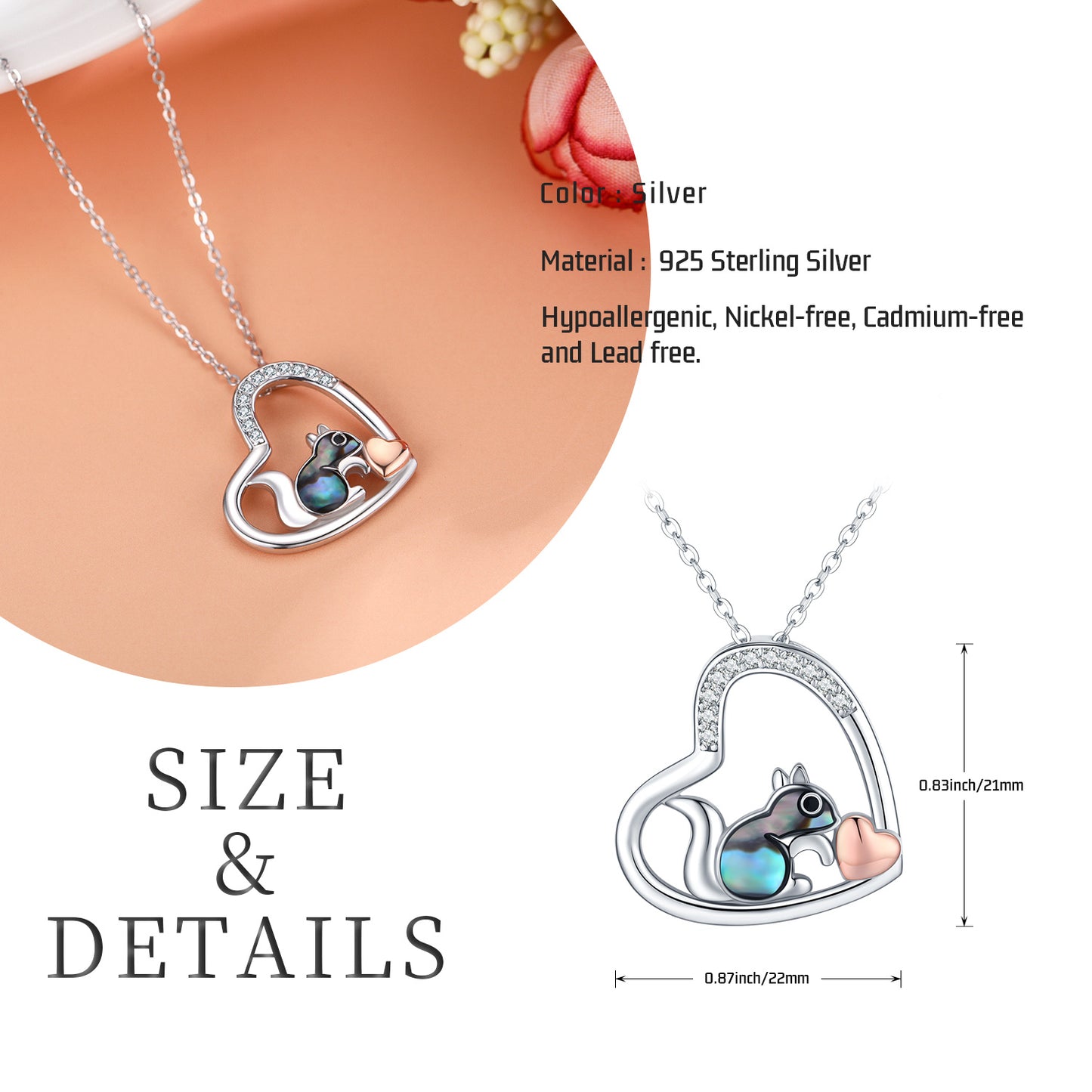 925 Sterling Silver Squirrel Abalone Shell Cubic Zirconia Cute Animal Heart Pendant Necklace