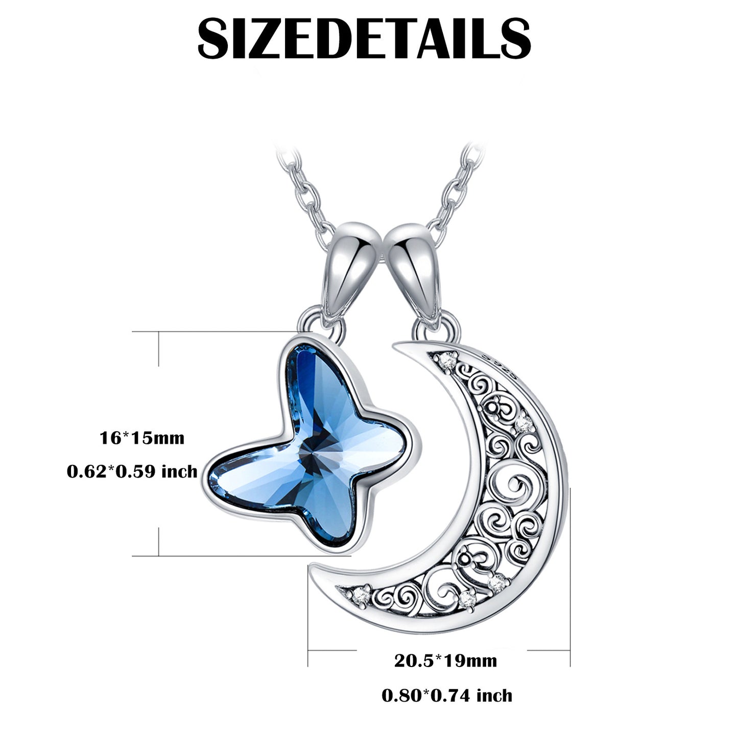 Pendentif funéraire en argent sterling avec croissant de lune et collier papillon bleu