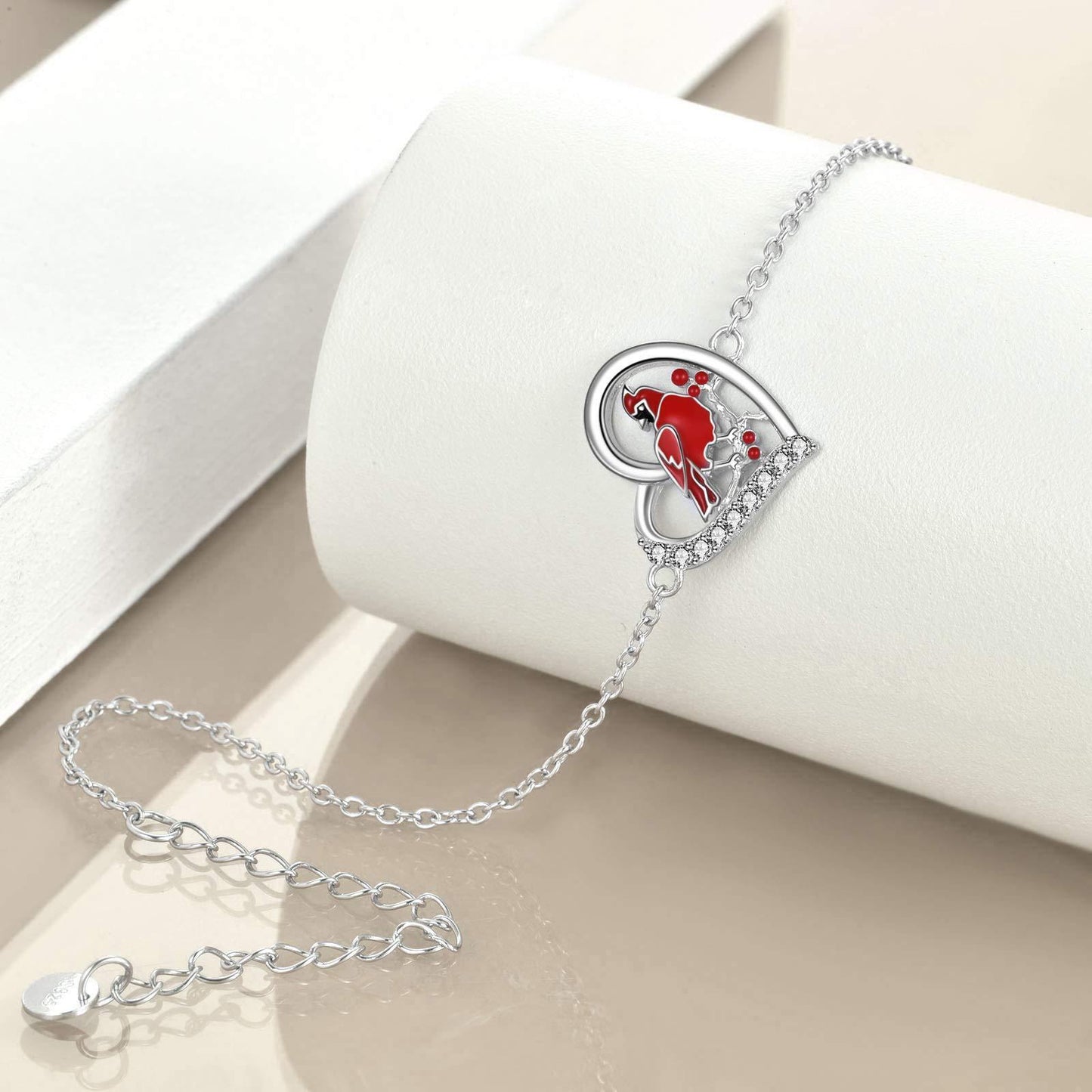 Red Cardinal Heart Shaped Zircon Sterling Silver Anklet Jewelry Gift for Women