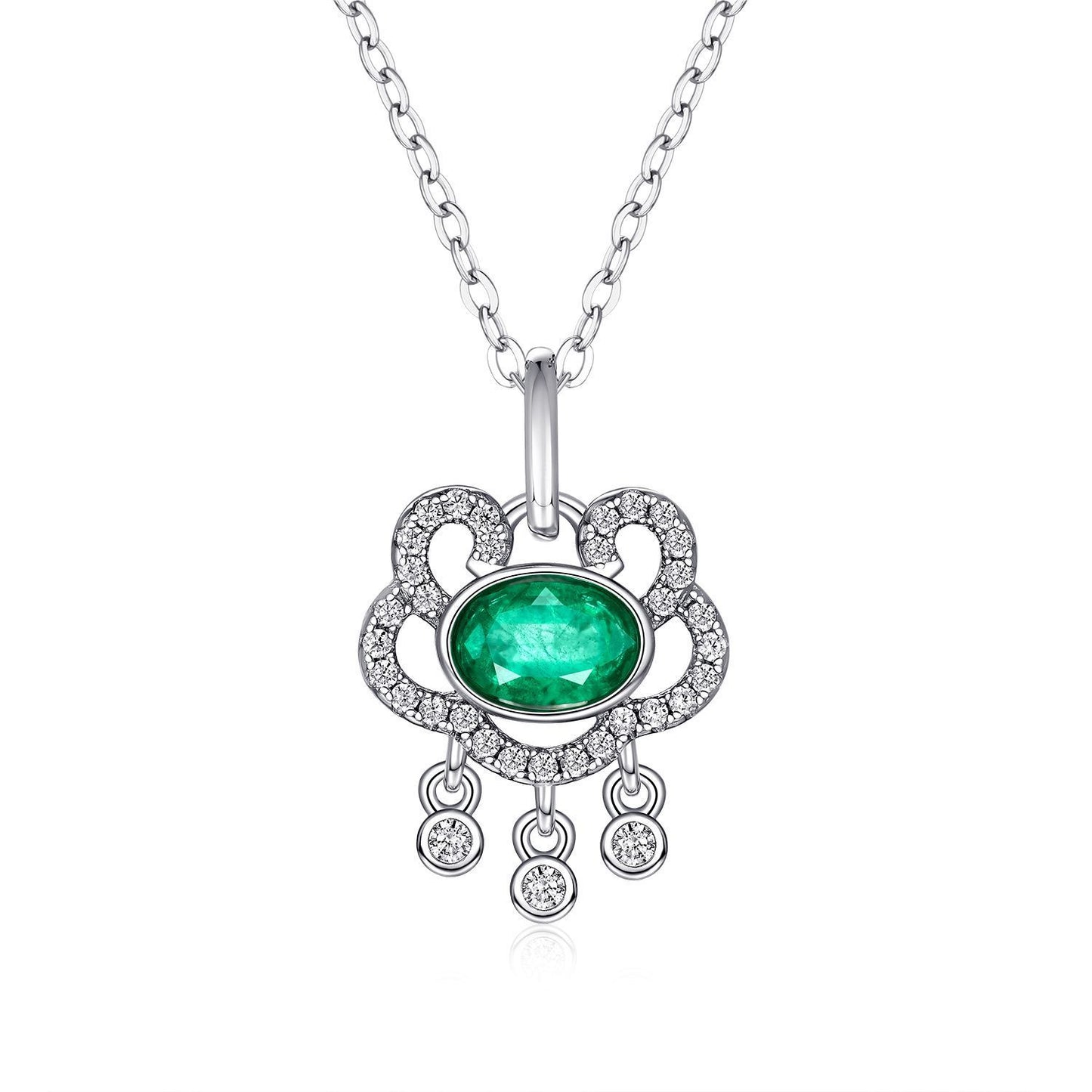 Natural Emerald Necklace Women's 925 Silver Full Set Delicate Light Luxury Pendant Auspicious Cloud Safety Lock Pendant Jewelry