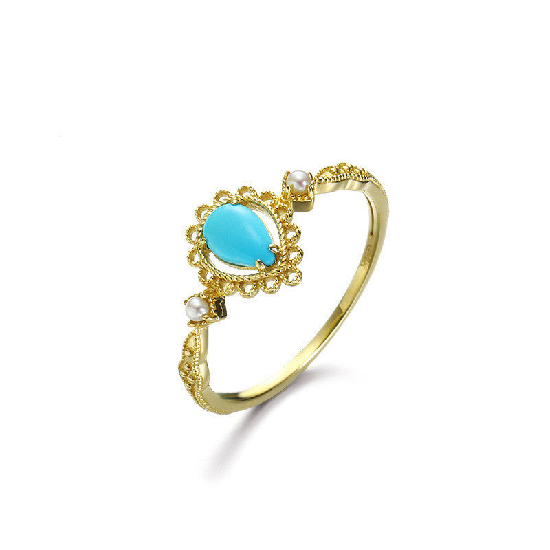 Women's Natural Turquoise Pearl Openwork Pattern Ring