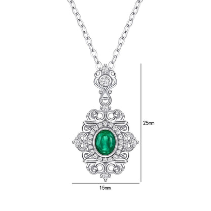 Natural Emerald Necklace Female Vintage Lace Design S925 Silver Inlaid Gem Pendant