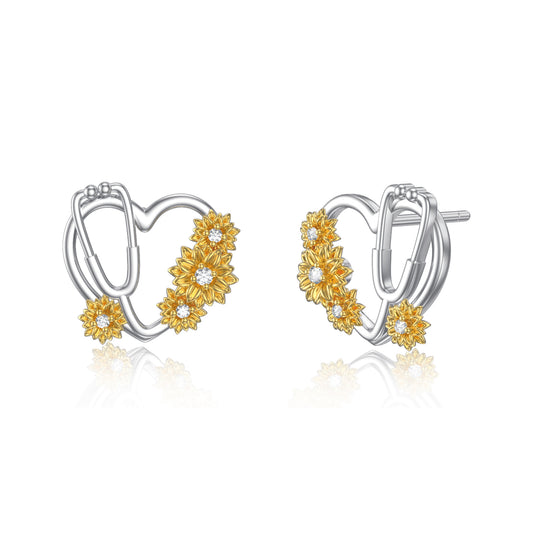 Boucles d'oreilles en forme de cœur avec stéthoscope et tournesol en argent sterling pour femme infirmière