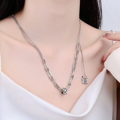 S925 Sterling Silver Print Necklace Women's Retro Style High Class Lock Tassel Chain Rework Double Layer Splice Sweater Chain