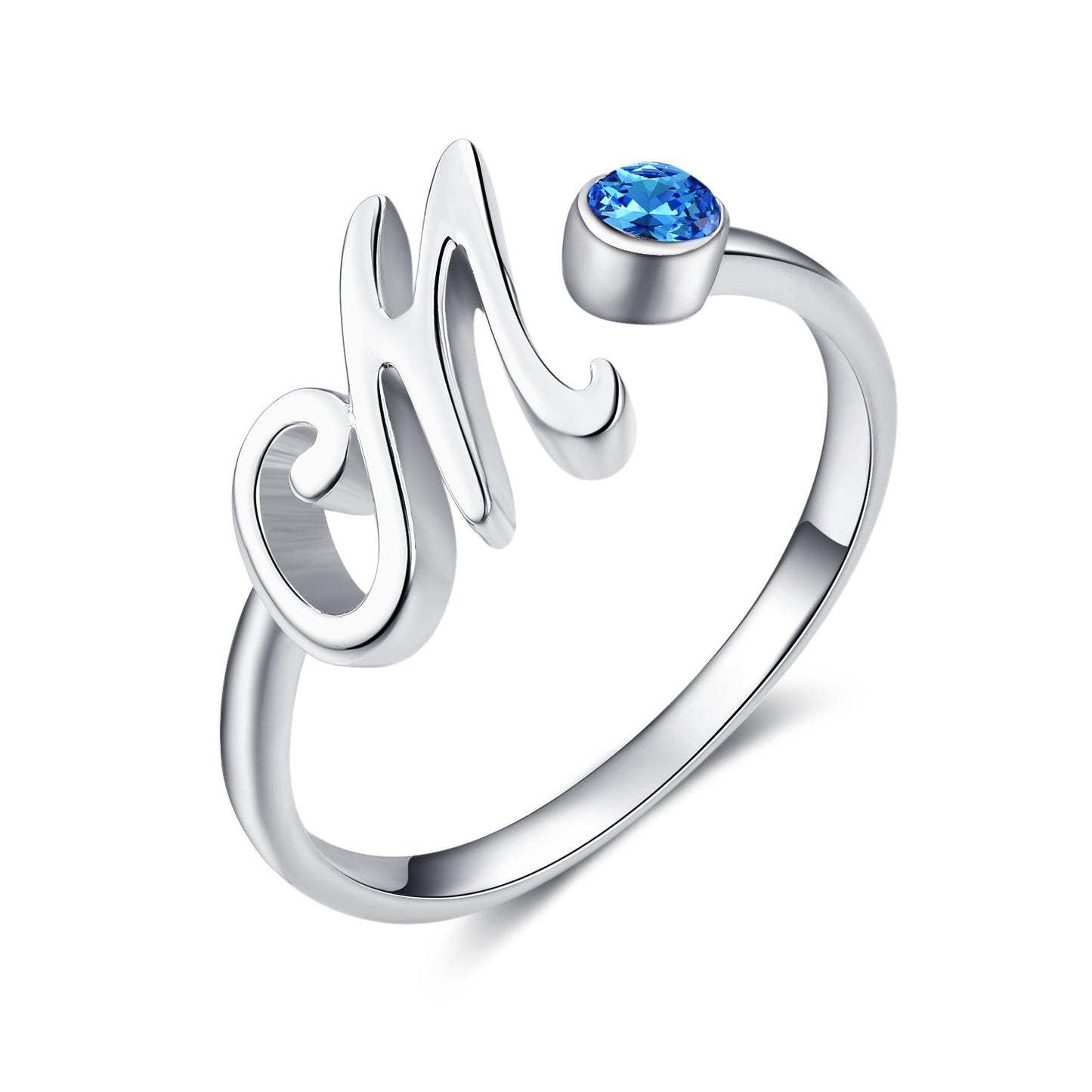 Bague initiale lettre M en cristal bleu en argent sterling 925