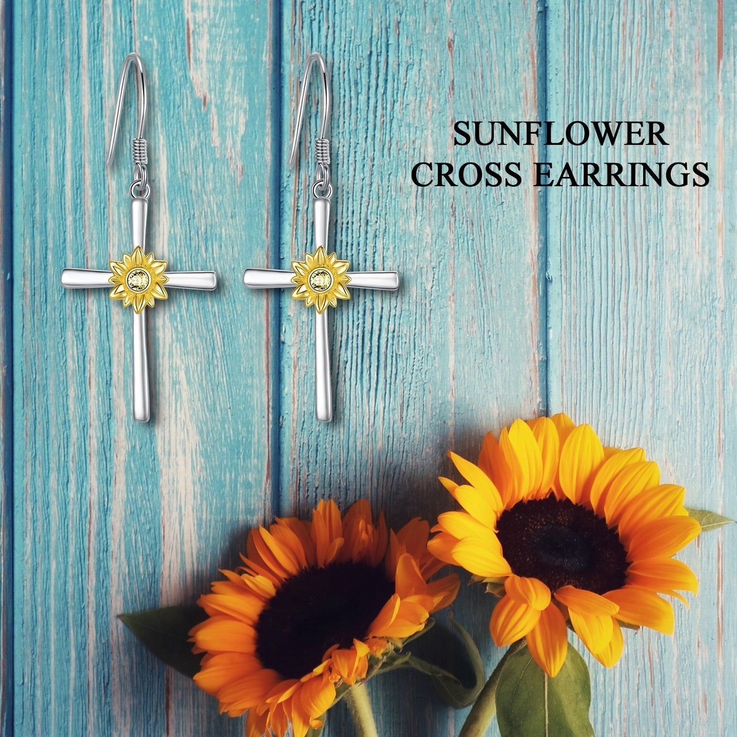 Boucles d'oreilles tournesol en argent sterling avec pendentif en forme de croix et crochets - Bijoux en forme de fleur de tournesol - Cadeaux pour femmes et adolescentes - Anniversaire