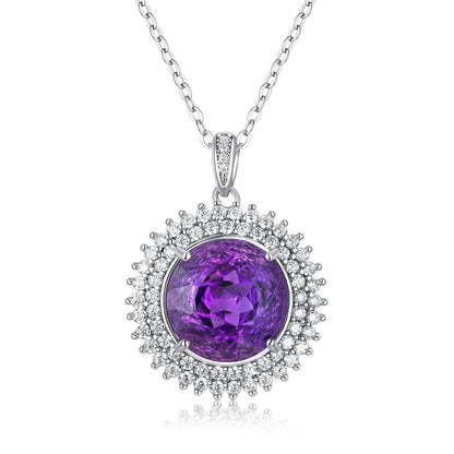 S925 Silver Set Round Bird's Nest Cut Natural Amethyst Necklace