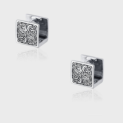 Sterling Silver Retro Thai Silver National Style Auspicious Cloud Matte Frosted Square Versatile Simple Earrings