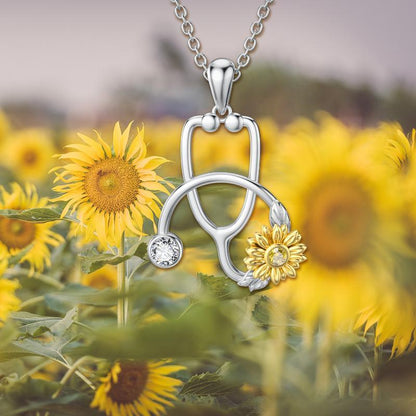 Collier pendentif stéthoscope tournesol en argent sterling 925 pour médecin, infirmière, étudiant, remise de diplôme