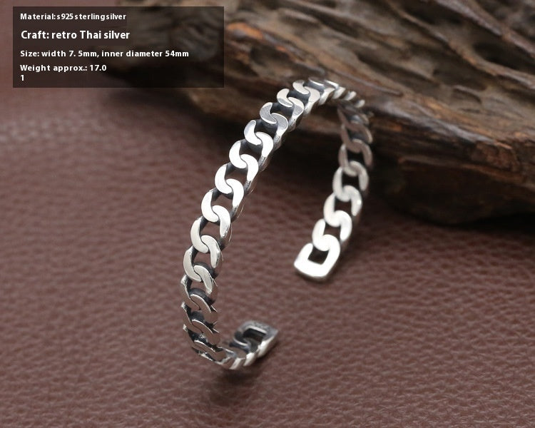 Bracelet simple en argent sterling S925 pour femme avec ouverture rétro et effet vieilli