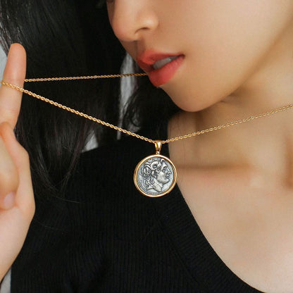 Collier long en argent avec pièce de monnaie pour femme, chaîne simple et rétro