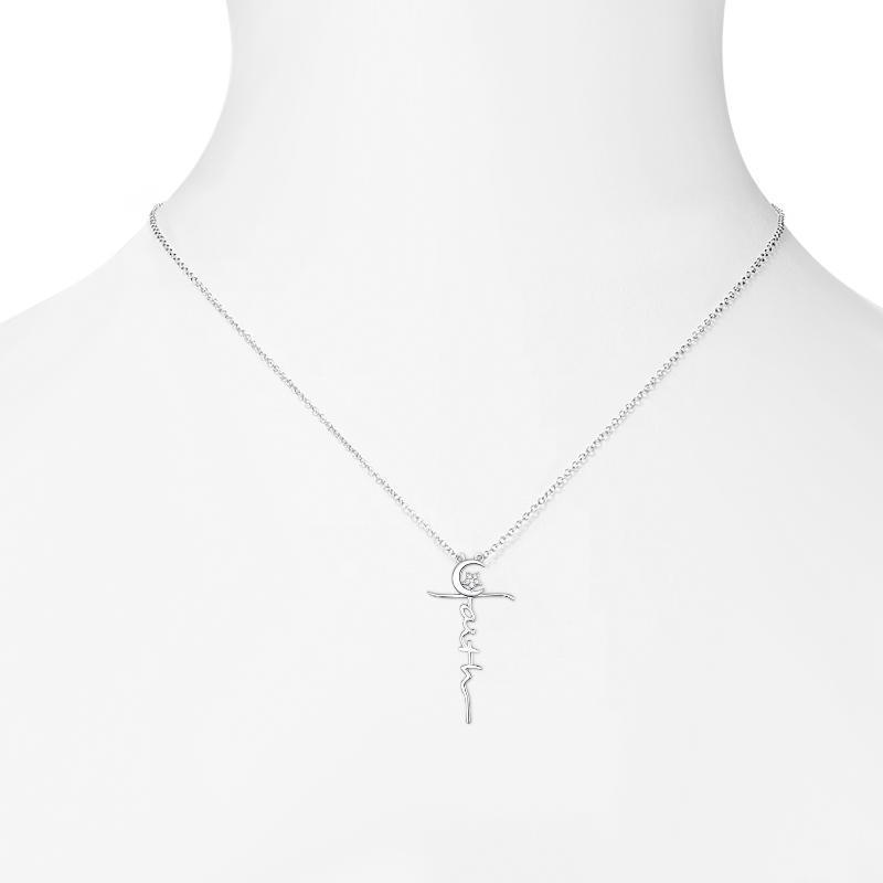 S925 Sterling Silver Faith Cross Moon and Star Necklace Pendant Jewelry