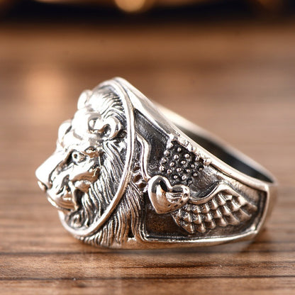 Sterling Silver Ornament Domineering Lion Head Beast Man Ring