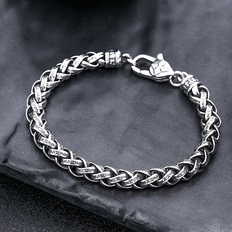 Pulsera tejida de plata de ley con mantra de seis palabras para hombre