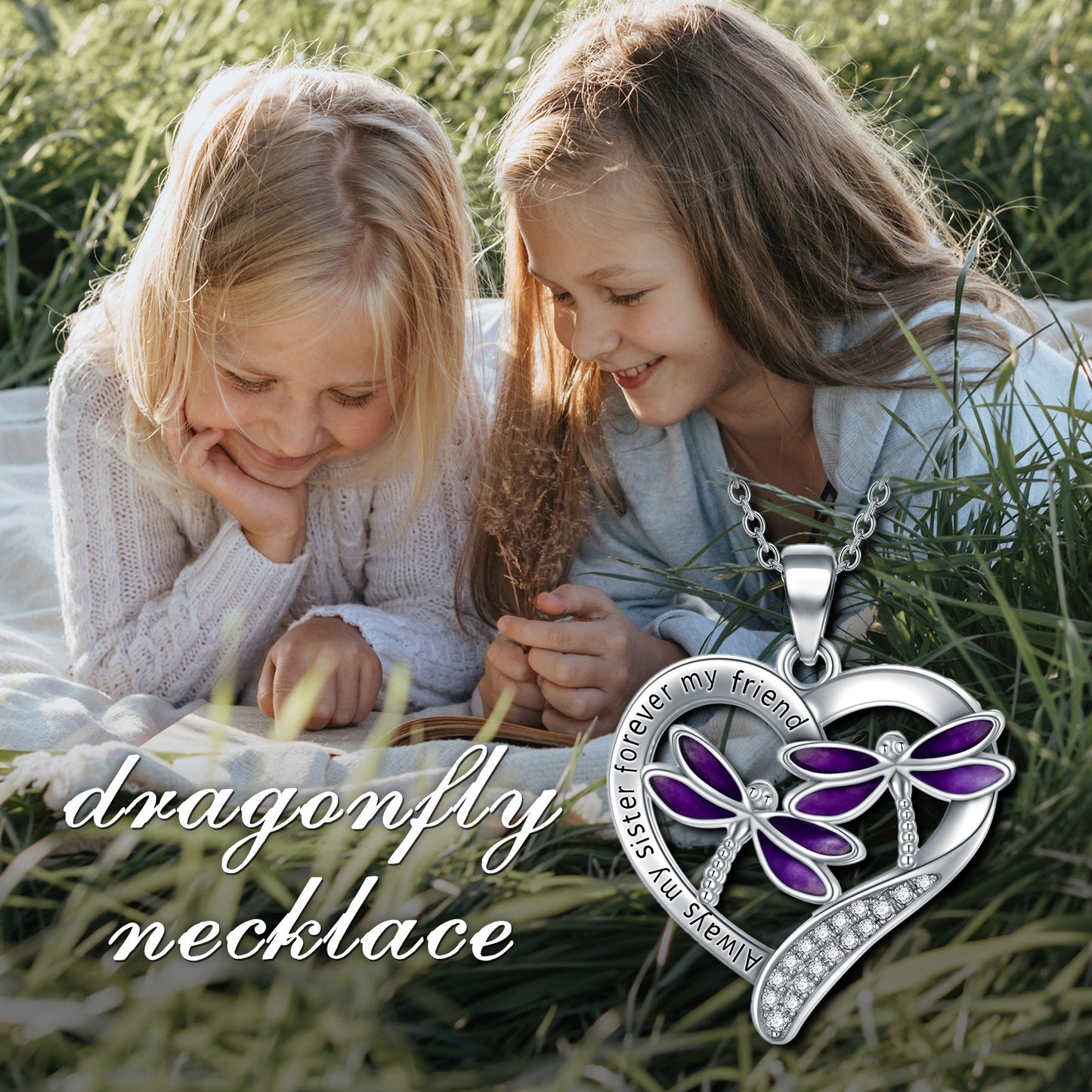 Collier pendentif libellule violette en argent sterling plaqué or blanc