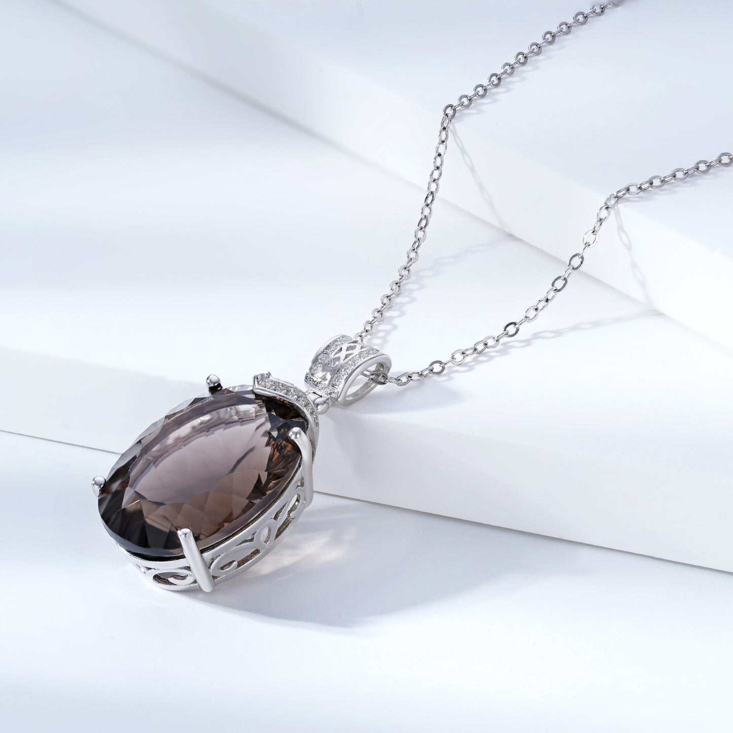 Luxury And High-grade Natural Tea Crystal Pendant Fashionable Design S925 Silver Inlaid Egg Shaped Gem Necklace