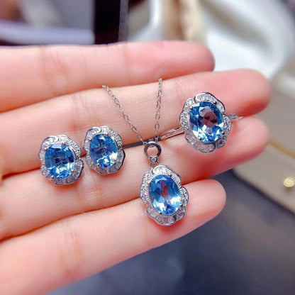 Natural Blue Topaz Set Noble Light Luxury 925 Silver Inlaid Necklace Women's Jewelry