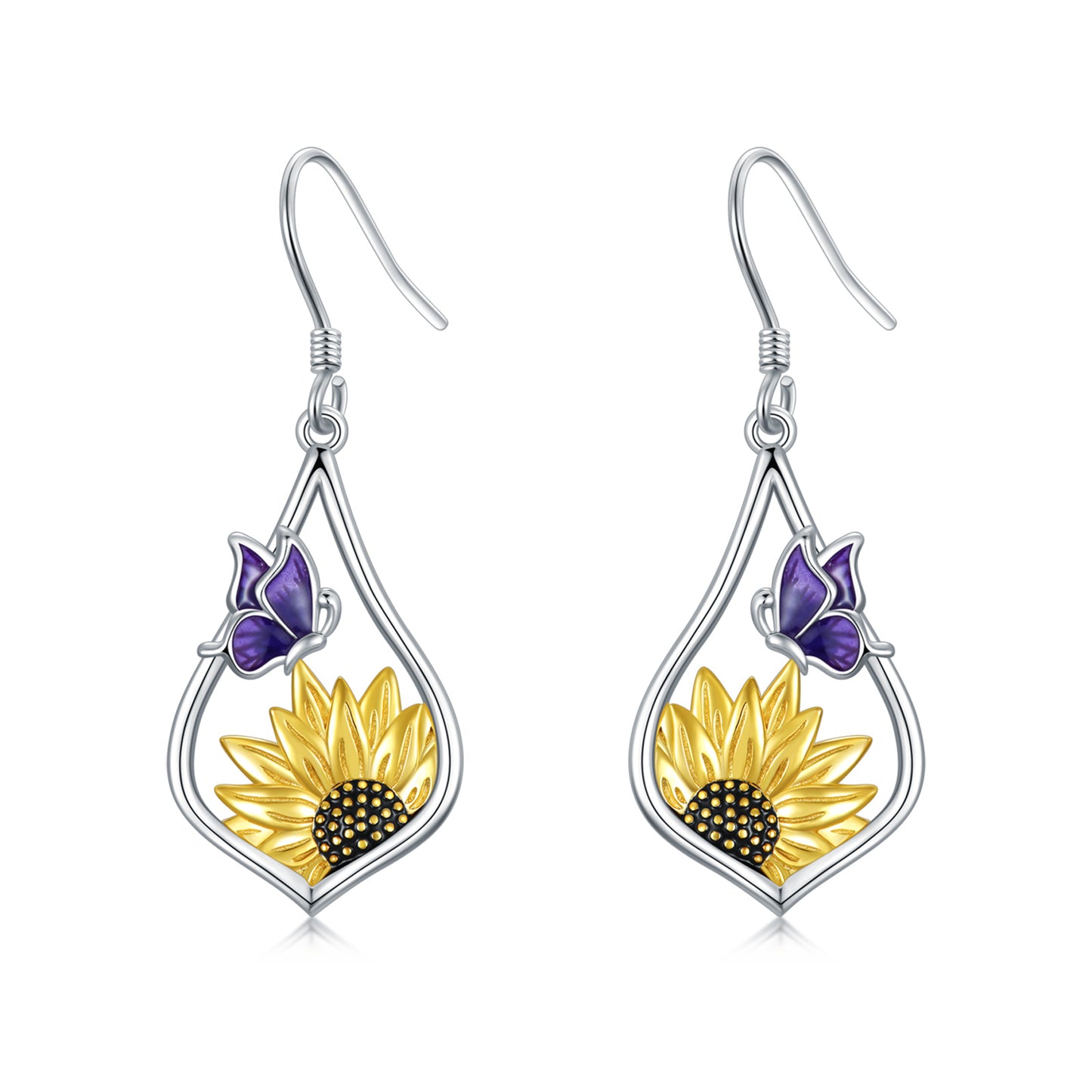 Sterling Silver Sunflower Dangle Earrings with Purple Butterfly Gift for Women