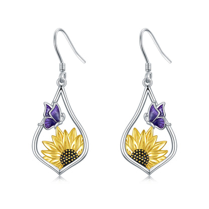 Pendientes colgantes de plata de ley con forma de girasol y mariposa morada, regalo para mujer