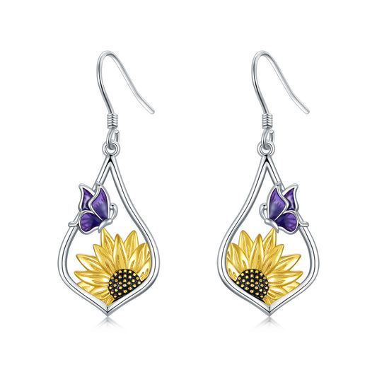 Boucles d'oreilles pendantes en argent sterling avec tournesol et papillon violet, cadeau pour femme