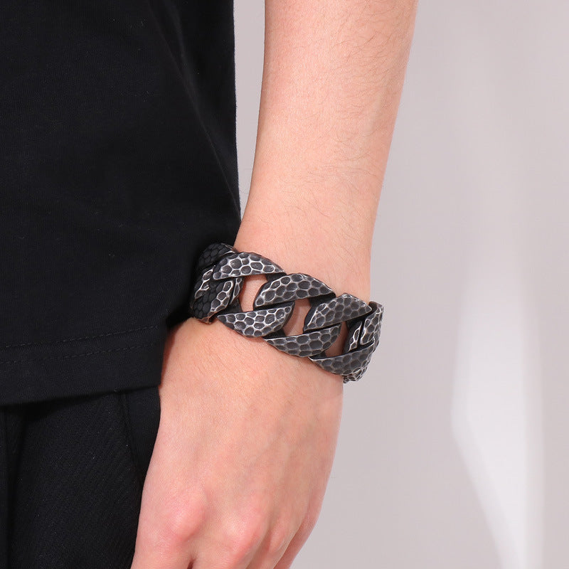 Snap Button Old Boiled Black Beat Pattern Titanium Steel Bracelet