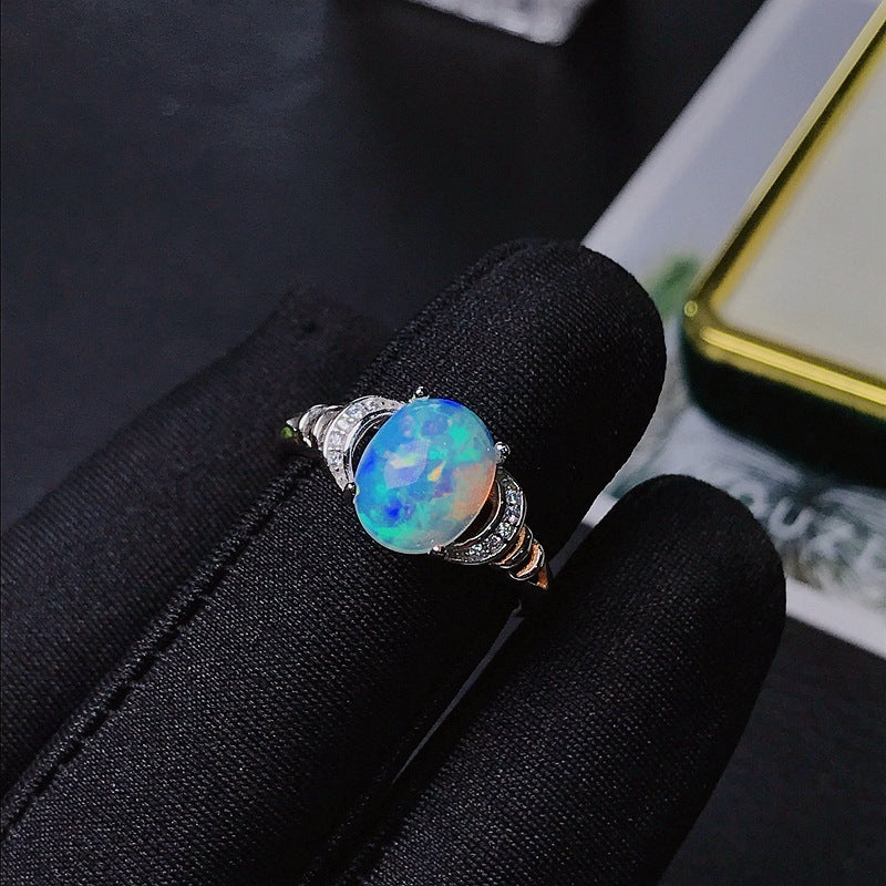 New Natural Opal 925 Silver Inlaid Ring