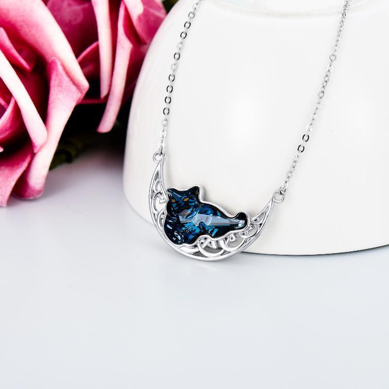 Collier chat et lune celtique avec cristal bleu en argent sterling S925